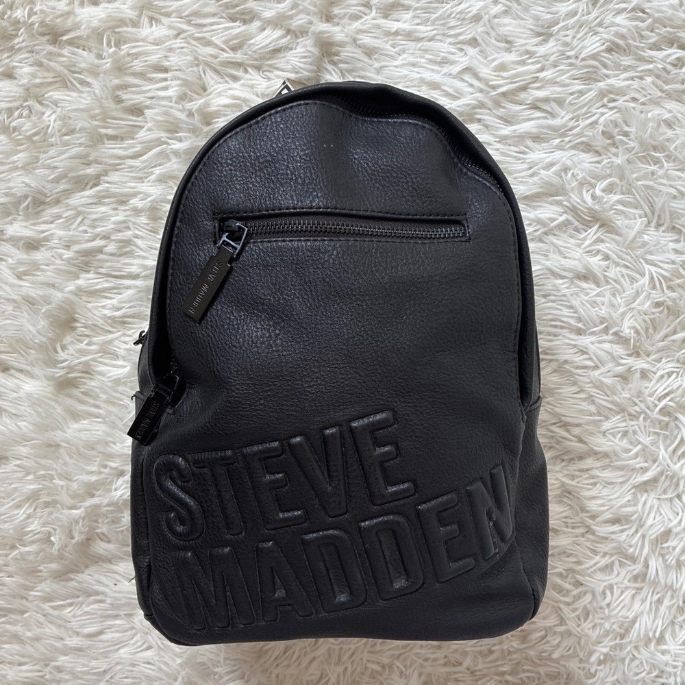 Steve Madden Black Pebbled Faux Leather Logo Backpack with Branded Straps